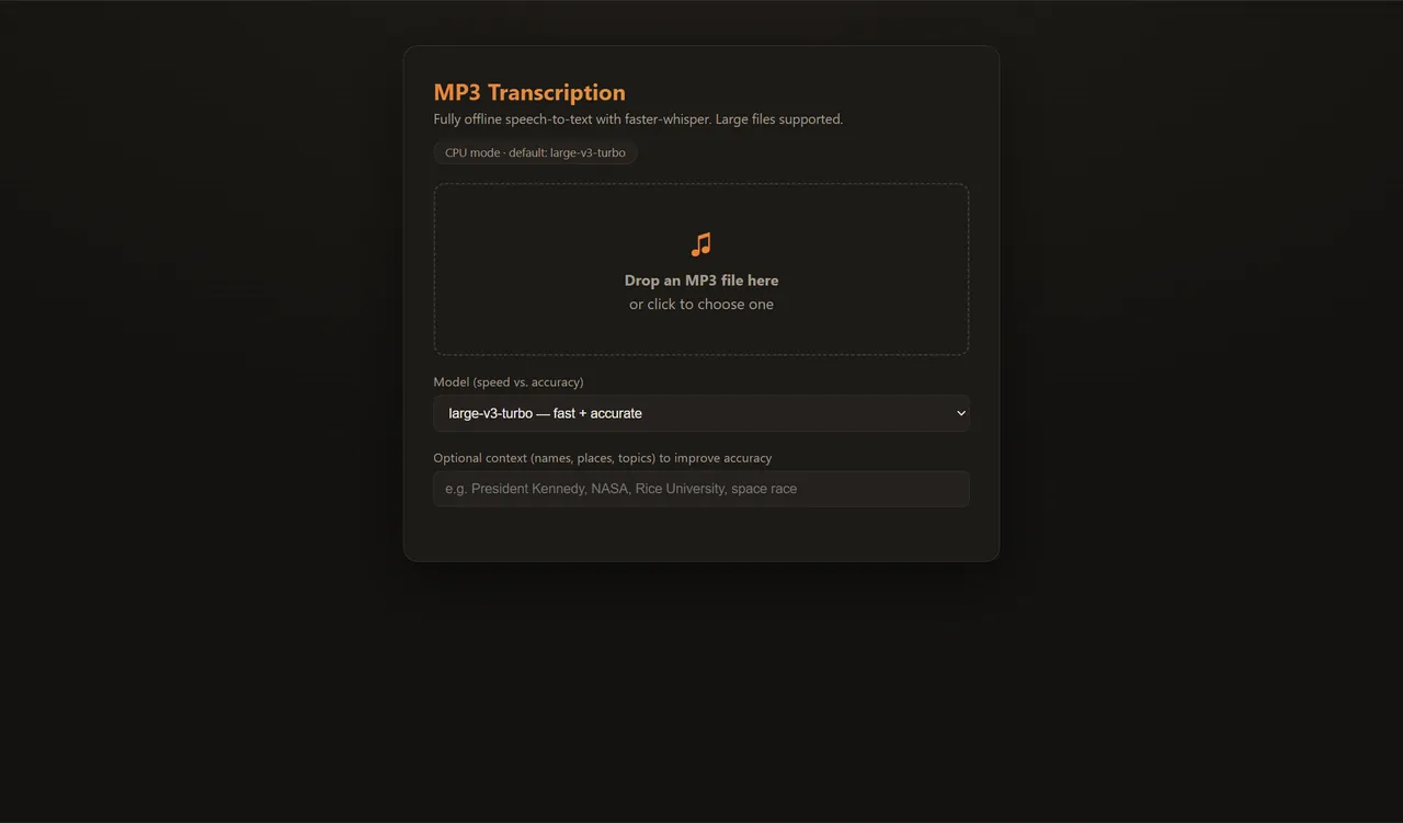 The Local Audio Transcriber web interface, showing audio upload and transcription with subtitle export